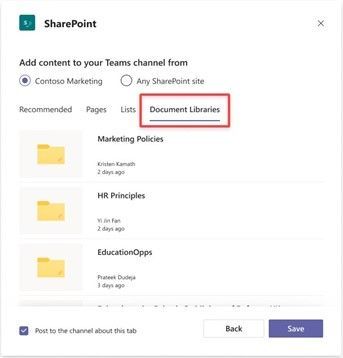 The updated SharePoint tab experience when adding pages, lists or document libraries to a channel in Teams.
