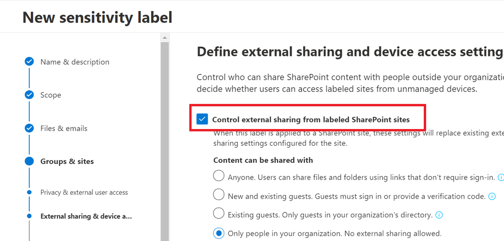 Label creation with no external sharing for a site