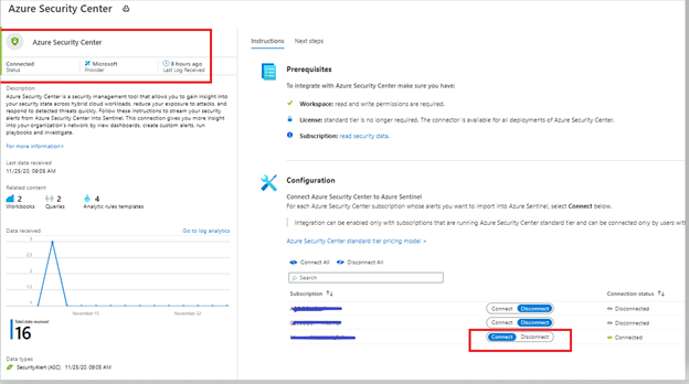 Image 1: Confirming the connectivity of Microsoft Defender for Cloud connector in Azure Sentinel