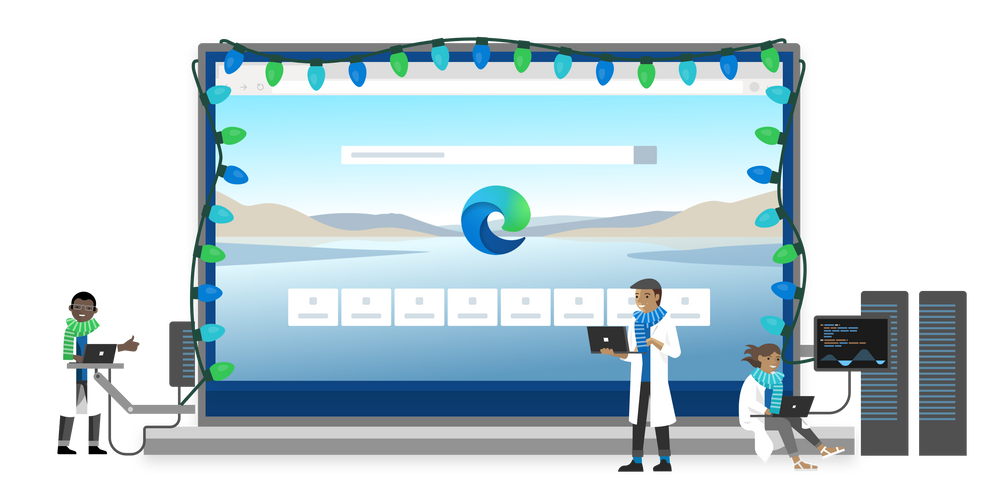 Cartoon Microsoft engineers working on Edge, with blue, green and teal lights around an image with the browser launch screen