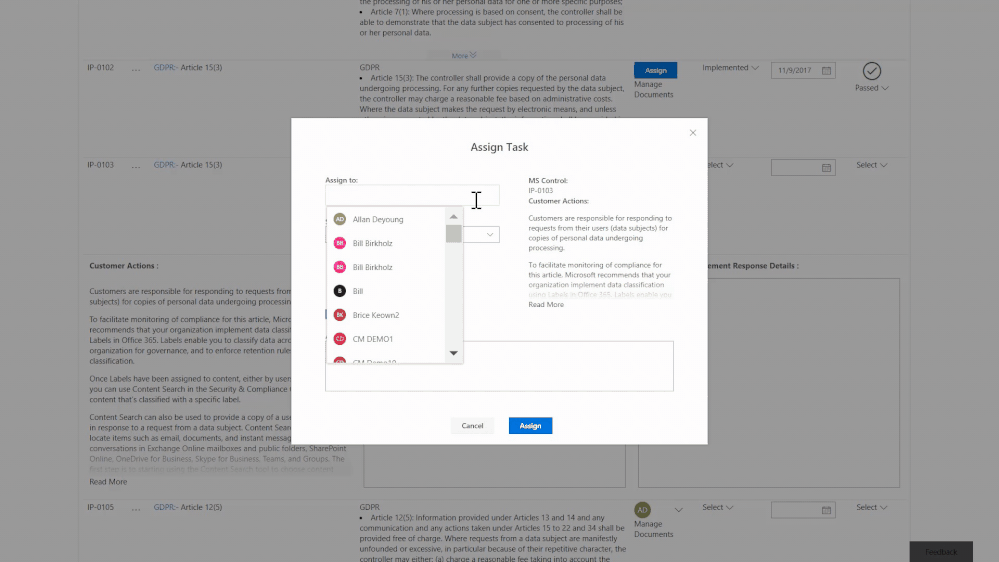 Collaborate across teams more seamlessly by assigning tasks in Compliance Manager