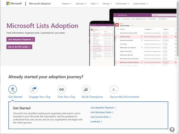 thumbnail image 7 captioned Screenshot showing the Microsoft Lists adoption center at https://aka.ms/ListsAdoption.