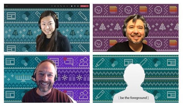 Some examples of what the cozy Microsoft-365-app-inspored holiday backgrounds look like in Microsoft Teams; clockwise from top left: Wenvi Hidayat + SharePoint + Christmas, Ben Truelove + Lists + Christmas, Mark Kashman + SharePoint + Hanukkah + Teams, and YOU + SharePoint.