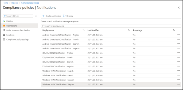 Compliance policies - Notifications blade