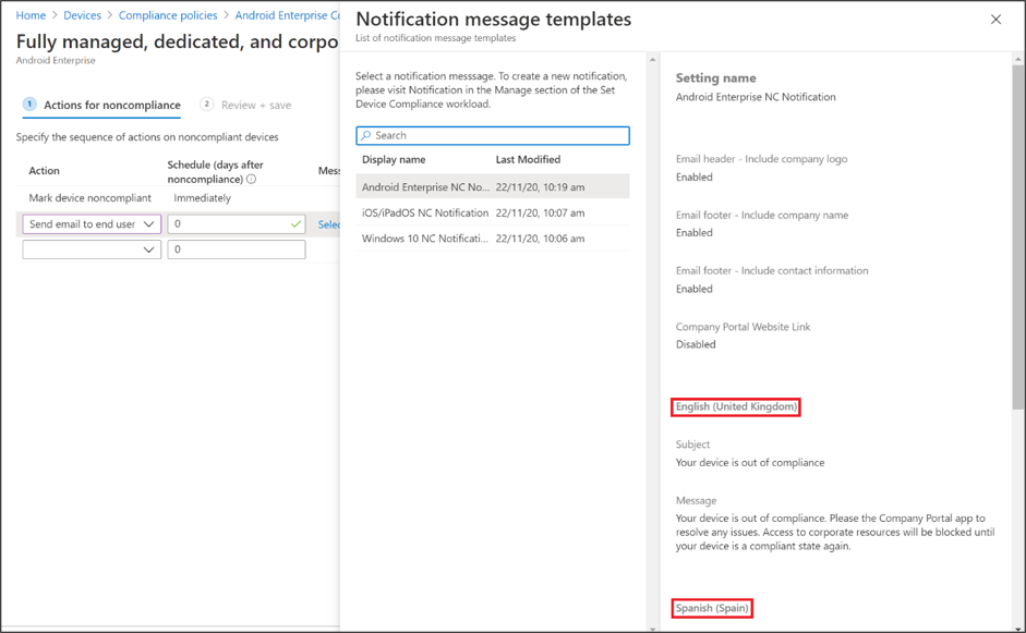 List of notification message templates