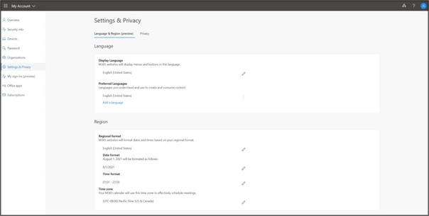 Microsoft 365 - Settings & Privacy - Display Language setting