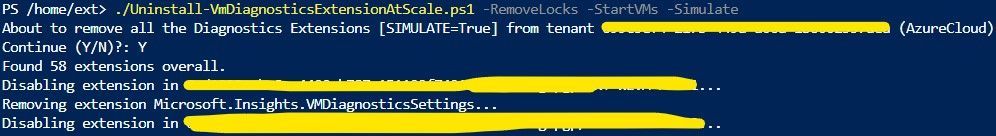 Sample output of the script that removes the extensions at scale while dealing with locks and stopped VMs
