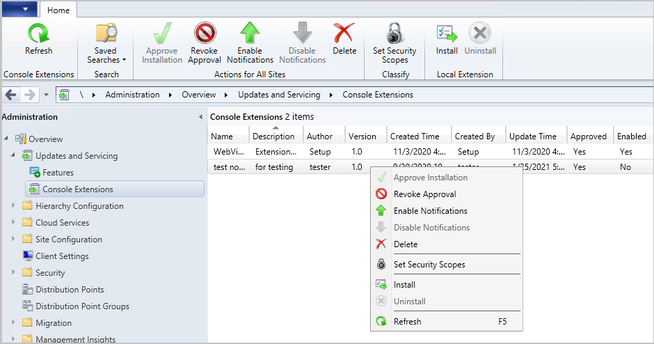 Manage console extensions in Configuration Manager Technical Preview 2101 -  Microsoft Community Hub