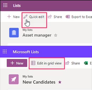 The Quick Edit button for all lists and libraries in Microsoft 365 will be renamed “Edit in grid view” [bottom]; previously “Quick edit” [top].