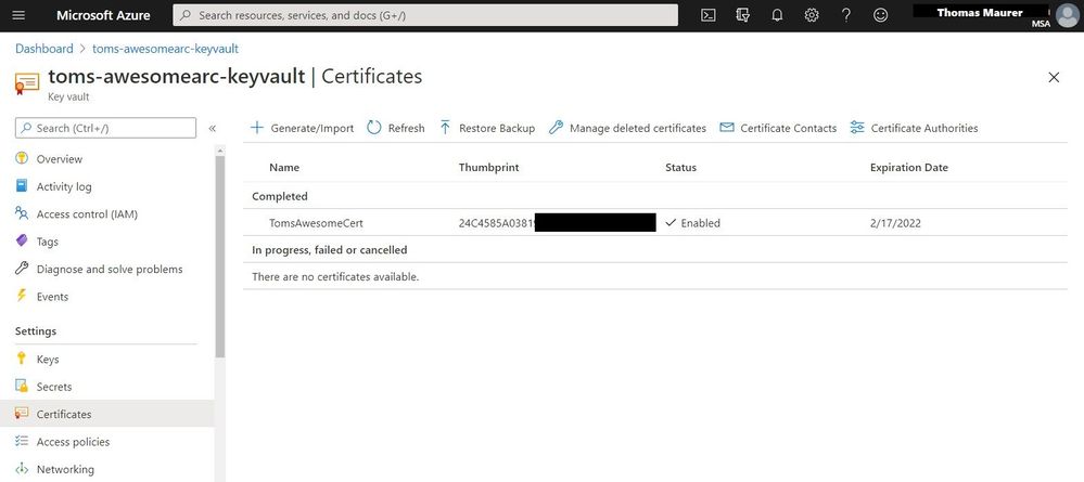Certificate in Azure Key Vault