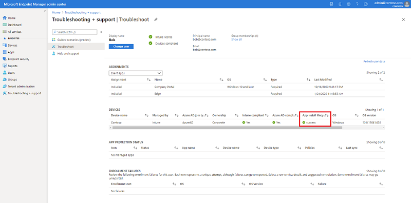 Troubleshoot blade in the MEM admin center