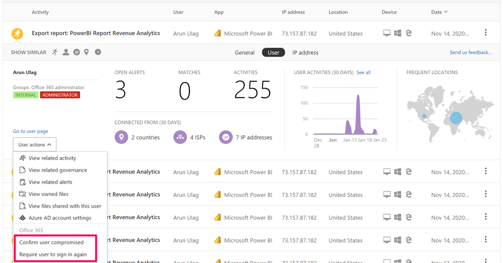 Figure 2.2: Quick governance actions in Cloud App Security activity log