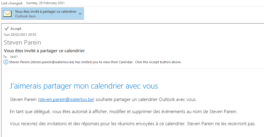 Accept button in email to accept Shared Calendar greyed out Microsoft