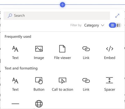 Updated web part toolbox when authoring SharePoint pages and news articles.