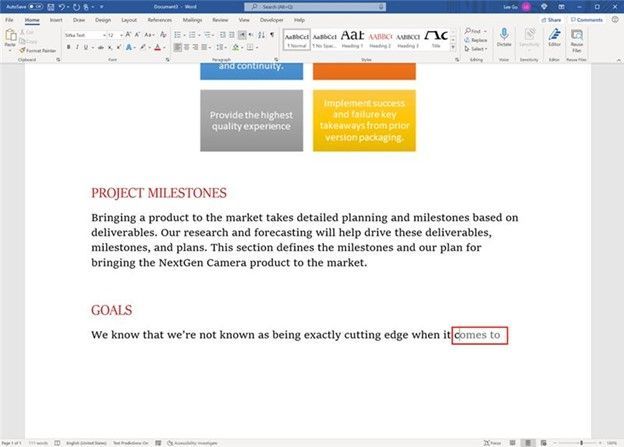 Text predictions within Word for Windows appear ahead as you type.