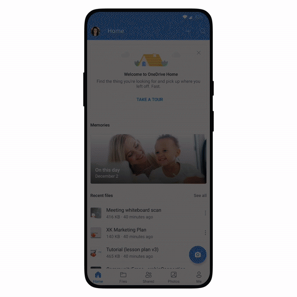 The new home screen experience on OneDrive for Android shows recently accessed files, files downloaded for offline use, and “On This Day” photos.