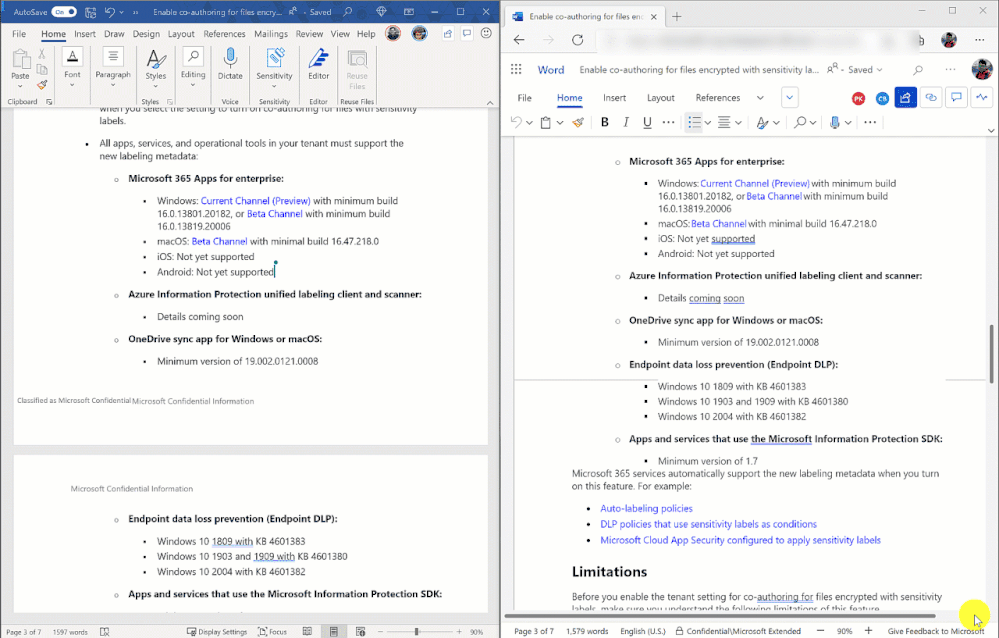 Figure. Co-authoring an MIP sensitivity labeled and encrypted file