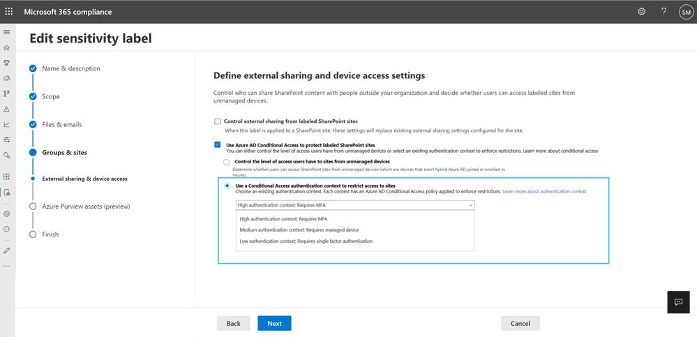 Figure. Configuring sensitivity labels with granular conditional access policies in Microsoft 365 Compliance Center and secure SharePoint sites