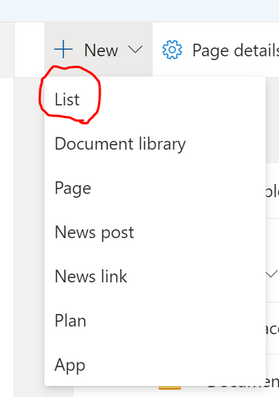 In Sharepoint site page click new list