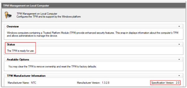 Example screenshot of a healthy TPM 2.0 status in the Trusted Platform Module console