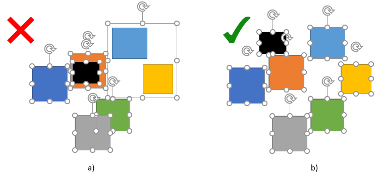 Example 2a: Elements overlap and there is a group shape; b) there are no overlaps or group shapes