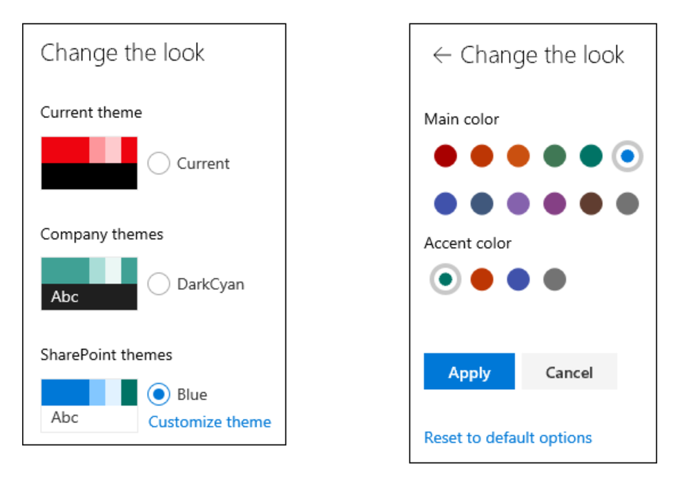 The Change the look pane, where you can use out-of-box site themes (which can be customized inline) or custom site themes.