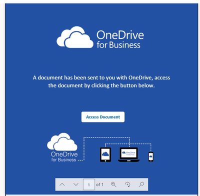 Malicious document planted in user's OneDrive. The "Access Document" button is a link pointing to an external malicious site.