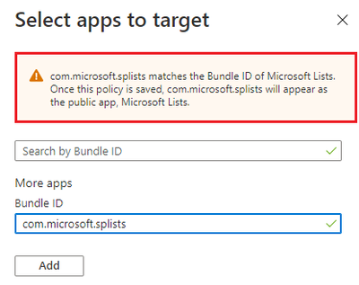Example screenshot when adding "com.microsoft.splists" to an Intune App protection policy