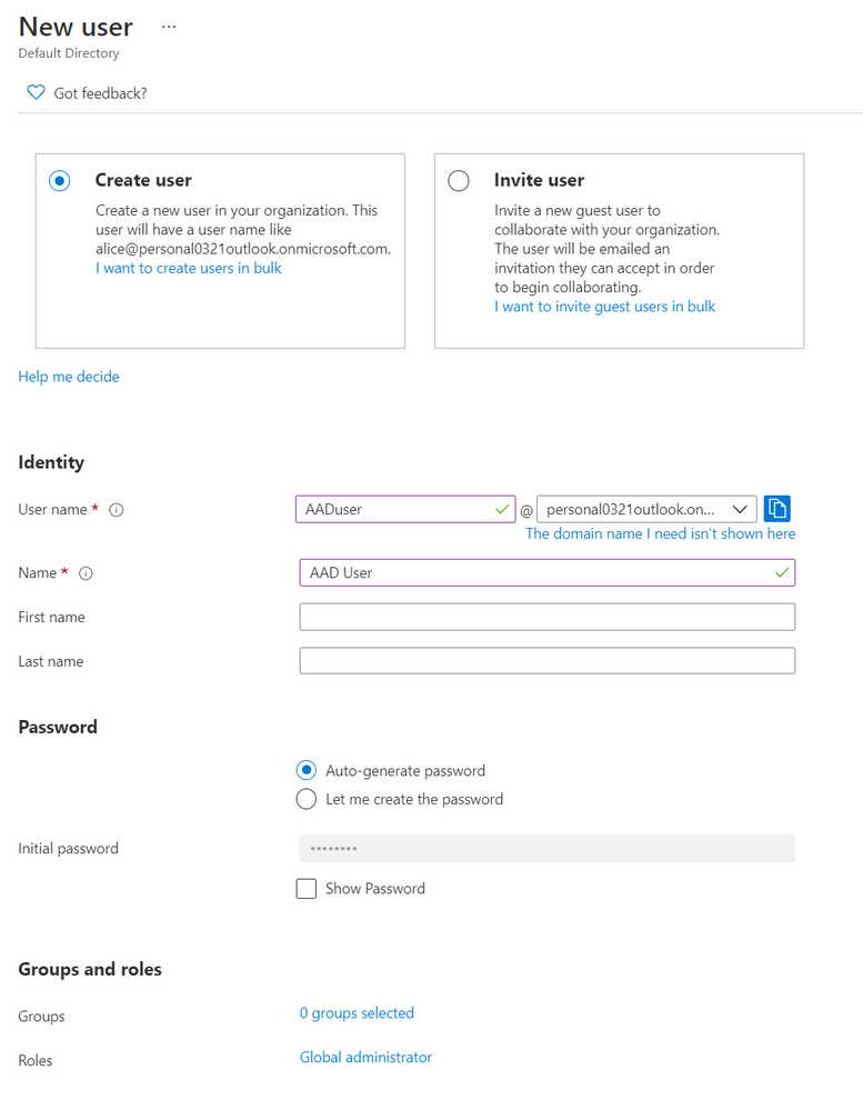 Creating a new Azure user as a global administrator