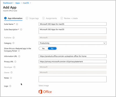 Microsoft 365 Apps for macOS - App properties in the Microsoft Endpoint Manager admin center.