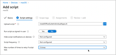 Custom macOS script - Script settings in the Microsoft Endpoint Manager admin center.