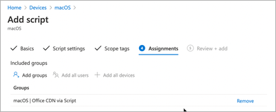 Custom macOS script - Assignment settings in the Microsoft Endpoint Manager admin center.