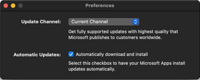 Screenshot of the Microsoft AutoUpdate (MAU) tool and Preferences options.