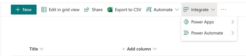 thumbnail image 6 captioned The new Integrate drop-down menu provides unified access to Power Platform app integrations for Power Apps and Power Automate, and soon Power BI.