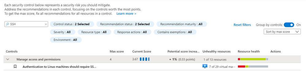 ASC Linux SSH Recommendation - Screenshot of the recommendation in the Azure Security Center blade in the Azure Portal. You can find the recommendation by searching for "ssh" in the search bar.