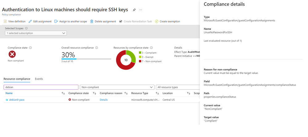 ASC Linux SSH Policy - Screenshot of the Azure Portal showing the Compliance information for the ASC recommendation. This example shows a VM as non-complaint for this recommendation.