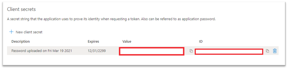Example screenshot of the Client secrets "Value" and "ID".
