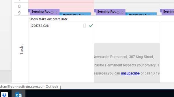 In this example, the tasks for Tuesday are concealed by white/grey shading and text which appears to have been pulled from an email in my Mail folder.