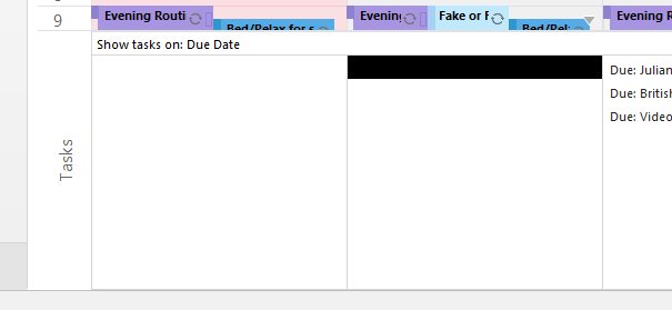 In this example, the Tasks for Tuesday are concealed by a black line and white shading (there are 10 tasks listed for this day). Even though the first line only appears to be covered (i.e. black bar) the whole task pane for that day is concealed.