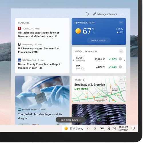 News and interests on the Windows taskbar offers personalized content at a glance