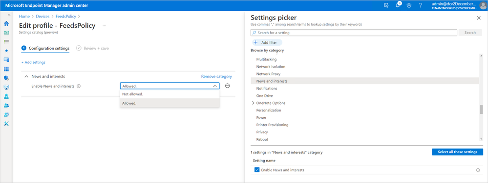 Configuring news and interests policy in Microsoft Endpoint Manager