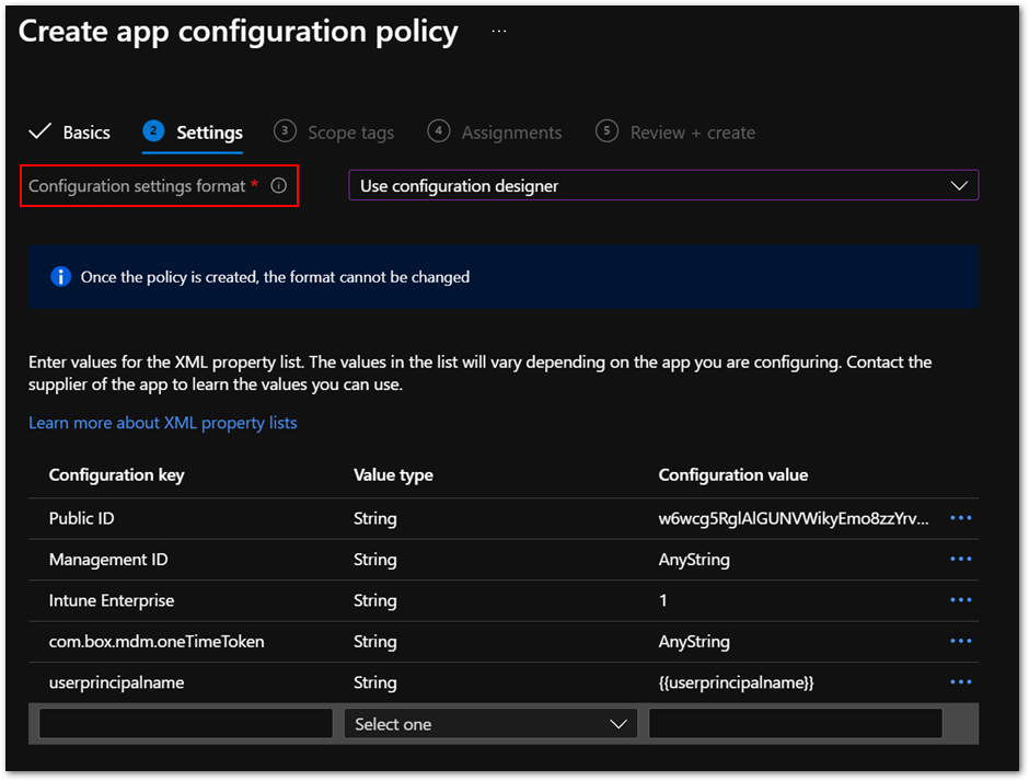 Figure 2. App configuration policy settings