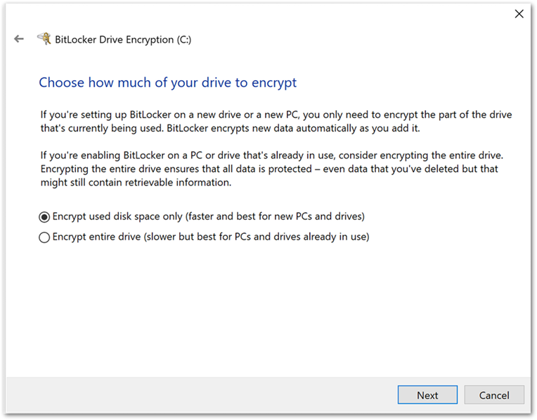 User experience to encrypt the device  in the BitLocker Drive Encryption wizard.