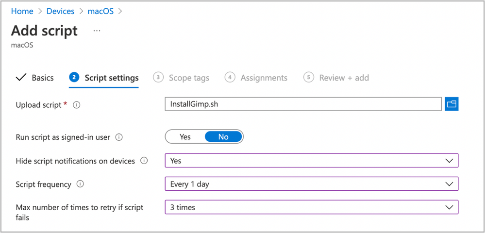 A screenshot of the 'Add script' pane to upload scripts and define properties for macOS scripts in Intune.