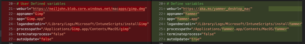 Comparison of the changes between the installGimp.sh and installYammer.sh scripts