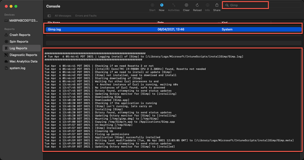 A Example screenshot of filtering out the IntuneMDMDaemon*log on a macOS device.