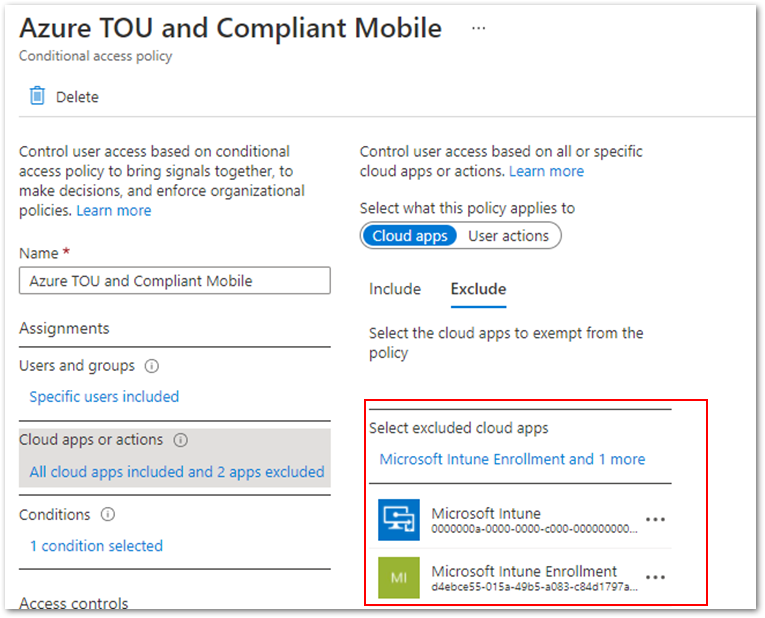 Example screenshot of excluding "Microsoft Intune" and "Microsoft Intune Enrollment" from the Cloud apps or actions list