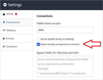 Selecting "Allow remote computers to connect" in Fiddler's connections settings