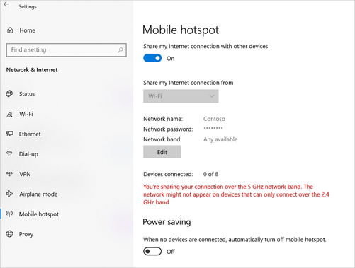 Mobile hotspot settings on the Windows 10 PC