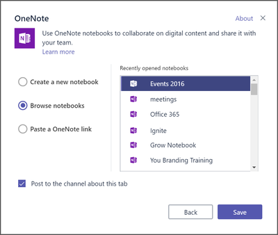 Include existing OneNote notebooks as a tab in a channel